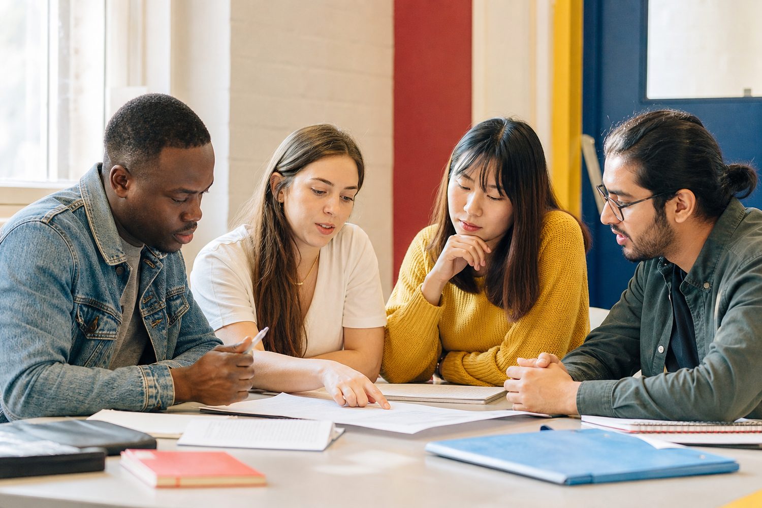 Four adult learners discussing a text around a classroom table