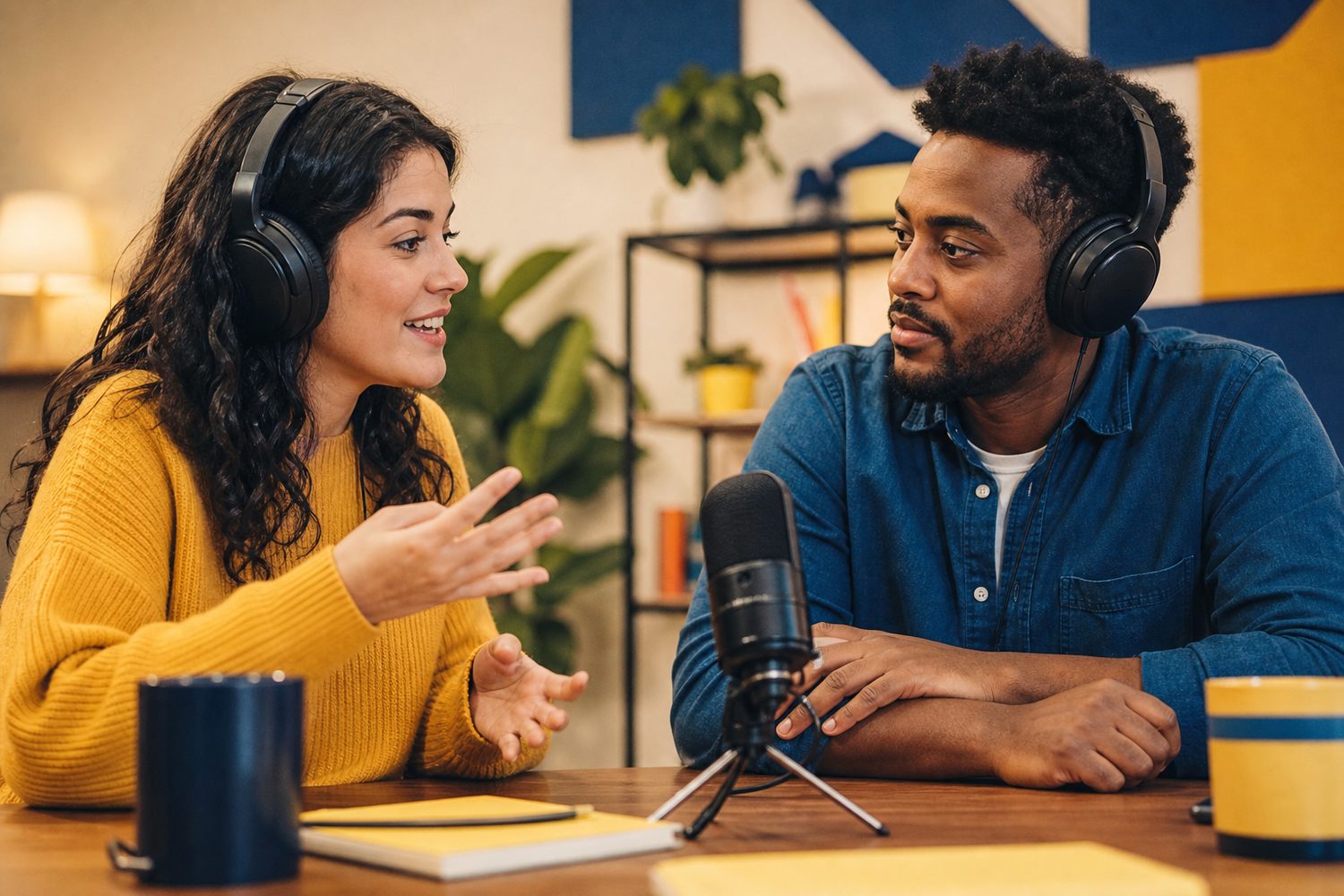 Two learners recording a conversation