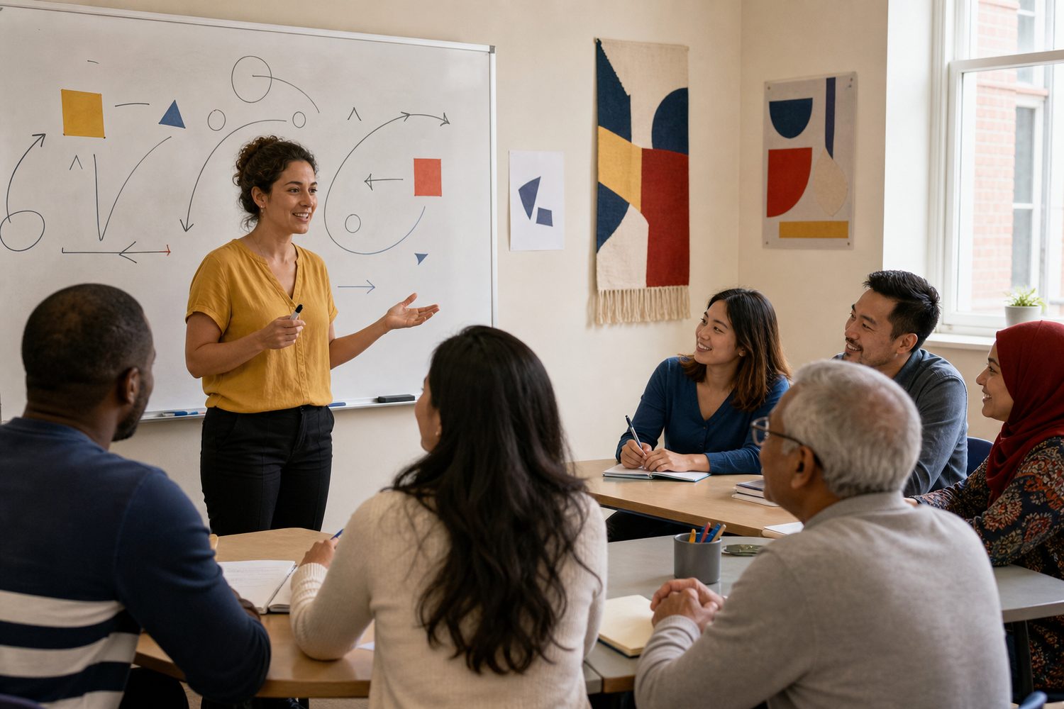 An English teacher facilitating discussion with adult learners