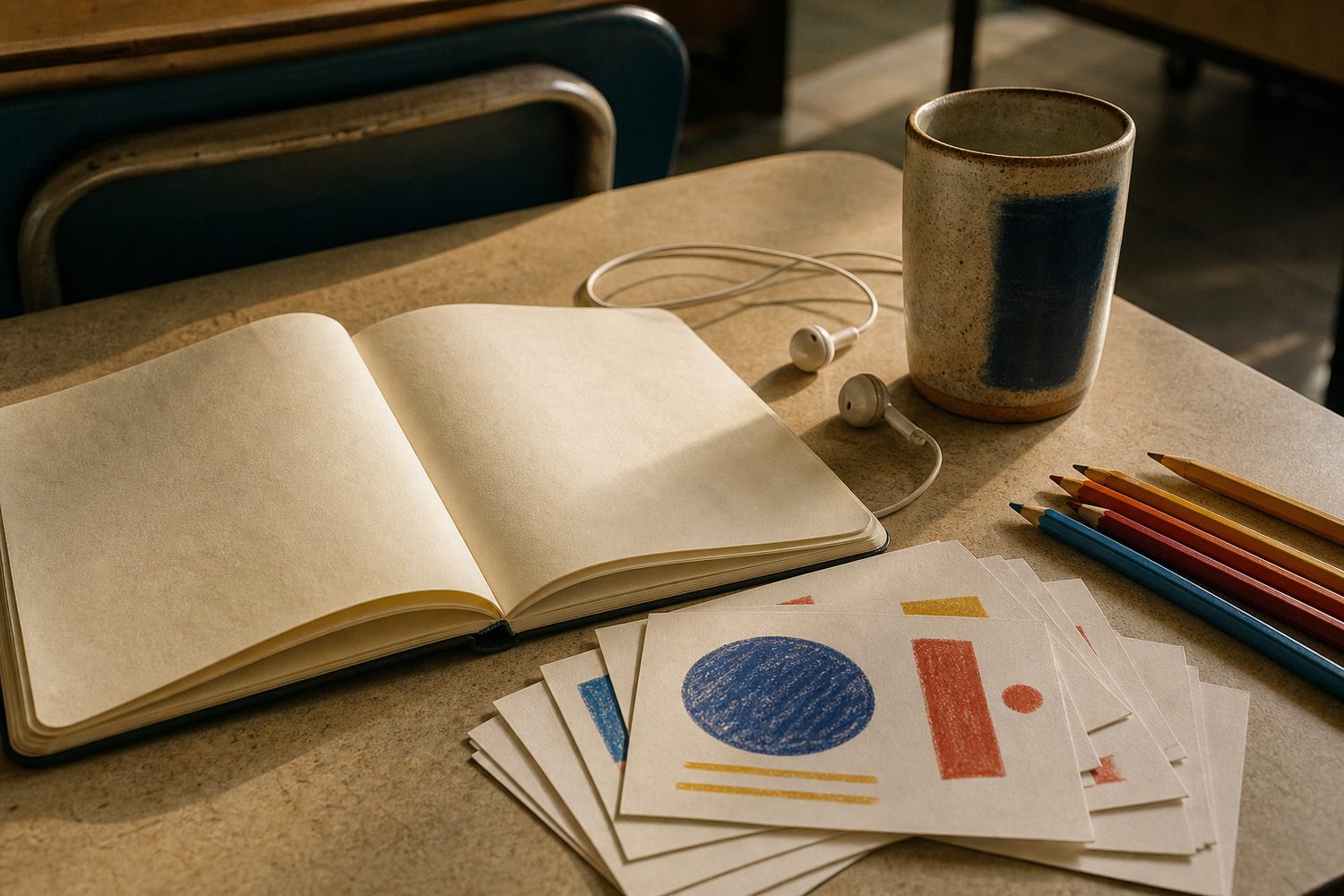 A notebook, pencils and visual prompt cards